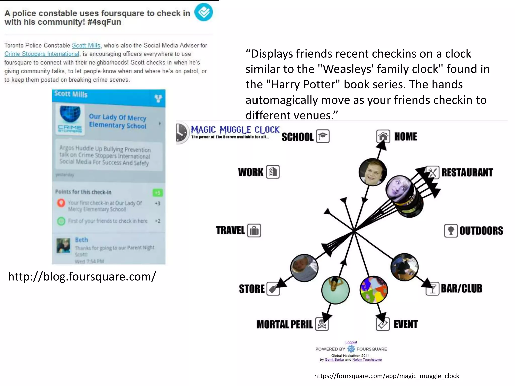 “Displays friends recent checkins on a clock
                              similar to the "Weasleys' family clock" found in
                              the "Harry Potter" book series. The hands
                              automagically move as your friends checkin to
                              different venues.”




http://blog.foursquare.com/




                                           https://foursquare.com/app/magic_muggle_clock
 