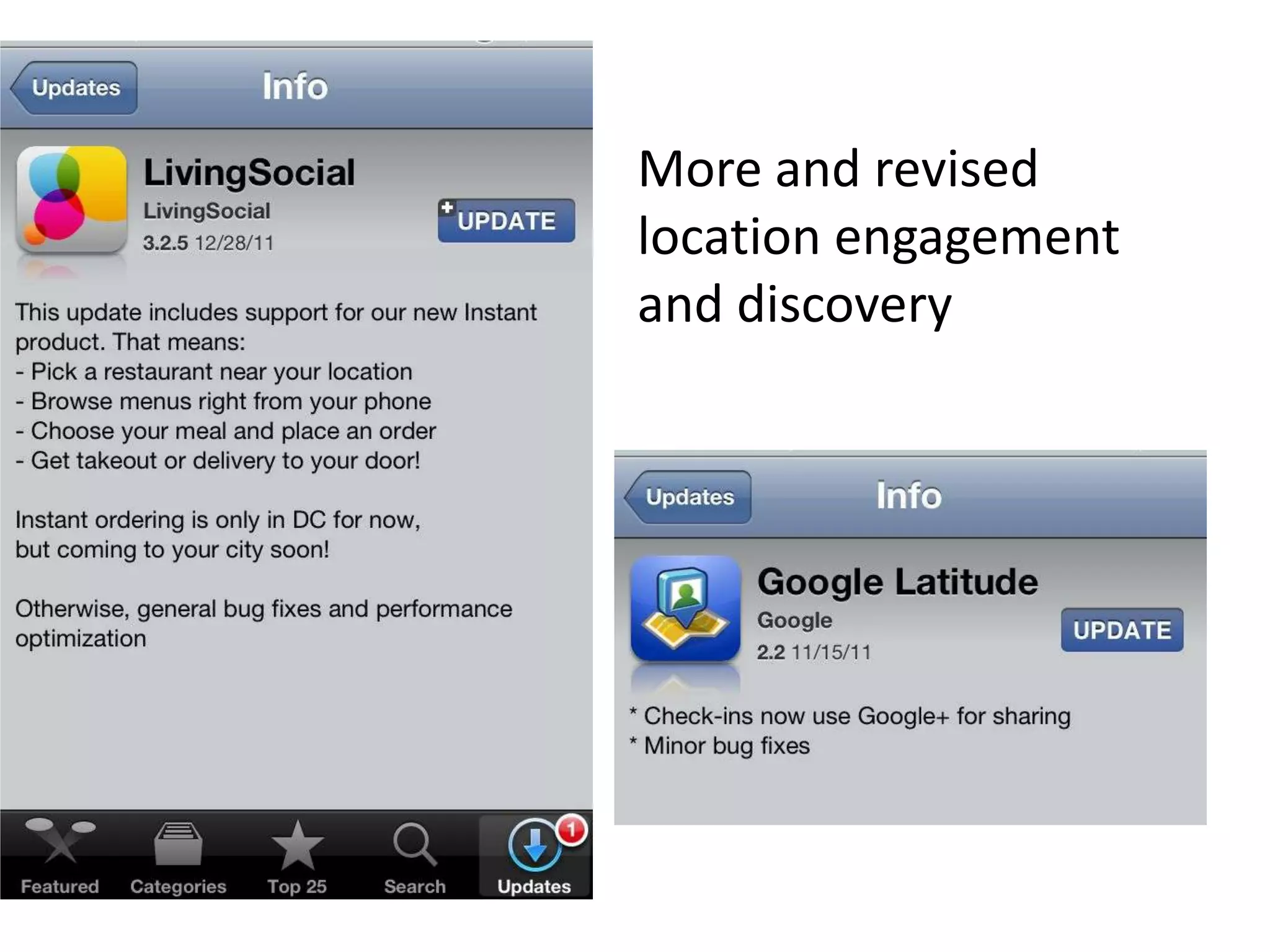 More and revised
location engagement
and discovery
 