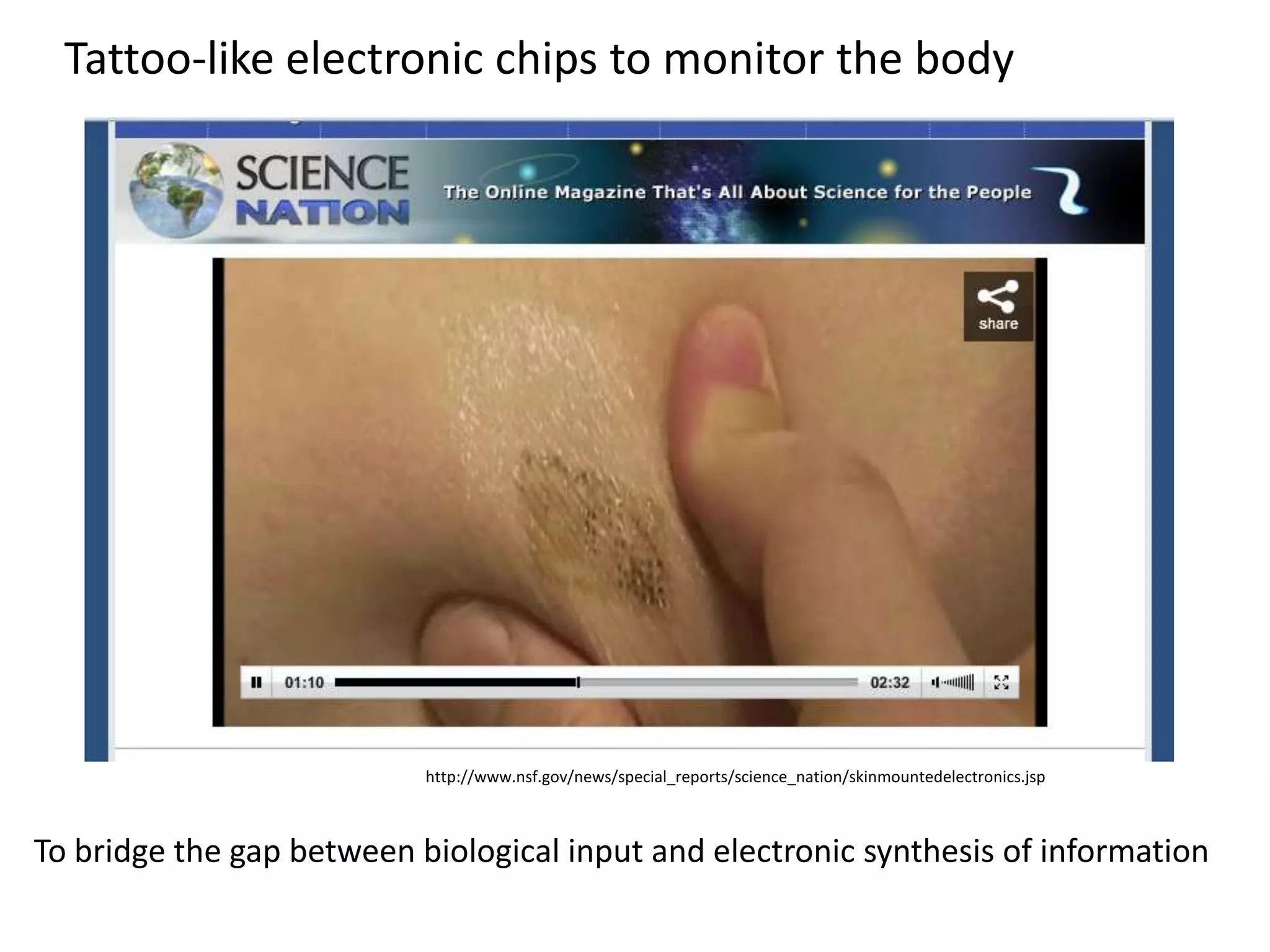 Tattoo-like electronic chips to monitor the body




                           http://www.nsf.gov/news/special_reports/science_nation/skinmountedelectronics.jsp



To bridge the gap between biological input and electronic synthesis of information
 