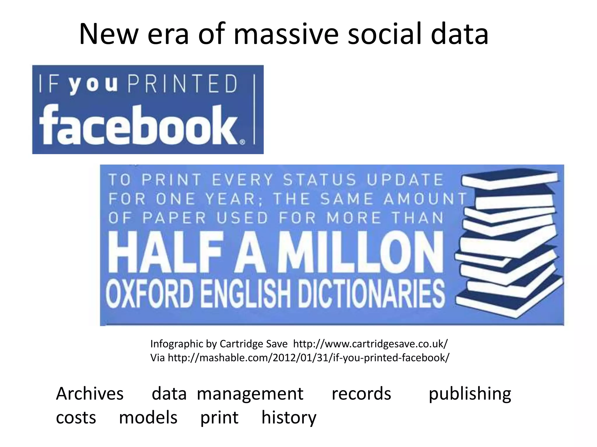 New era of massive social data




         Infographic by Cartridge Save http://www.cartridgesave.co.uk/
         Via http://mashable.com/2012/01/31/if-you-printed-facebook/


Archives data management records                                 publishing
costs models print history
 