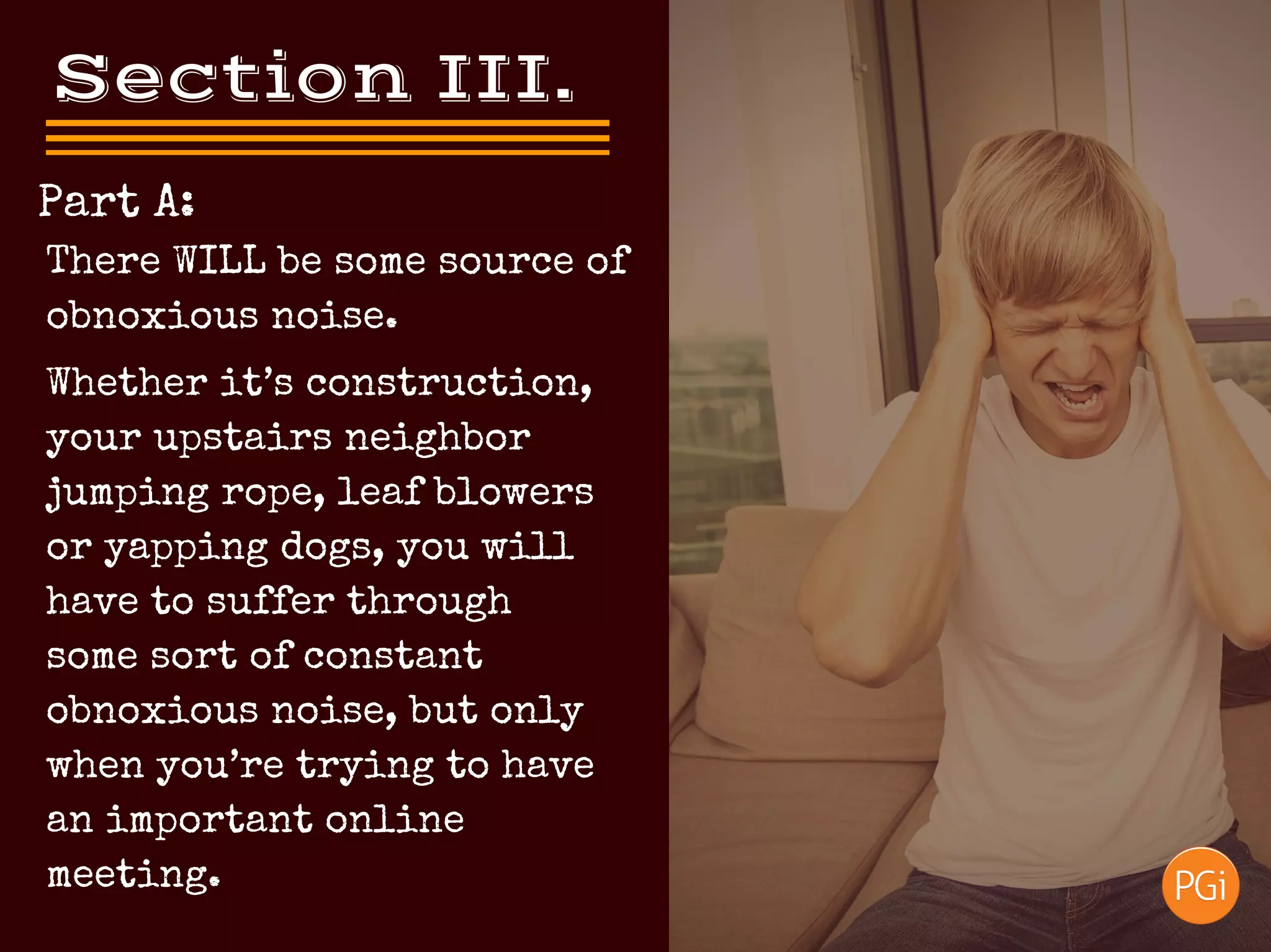 Section III. 
Part A:
Whether it’s construction,
your upstairs neighbor
jumping rope, leaf blowers
or yapping dogs, you will
have to suffer through
some sort of constant
obnoxious noise, but only
when you’re trying to have
an important online
meeting.
There WILL be some source of
obnoxious noise.
 