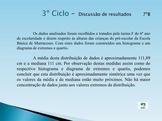 3º Ciclo –  Discussão de resultados        7ºB                    Os dados analisados foram recolhidos e tratados pela turma F do 6º ano de escolaridade e dizem respeito às alturas das crianças do pré-escolar da Escola Básica de Murraceses. Com estes dados foram construídos um histograma e um diagrama de extremos e quartis. A média desta distribuição de dados é aproximadamente 111,89 cm e a mediana 111 cm. Por observação destas medidas assim como do respectivo histograma e diagrama de extremos e quartis, podemos concluir que esta distribuição é aproximadamente simétrica uma vez que os valores da média e da mediana estão muito próximos. Não há maior concentração de dados junto aos valores extremos da distribuição. 
