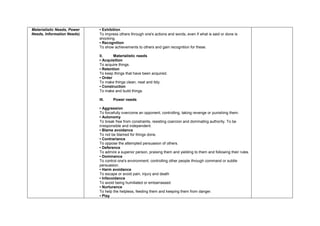 Materialistic Needs, Power
Needs, Information Needs)
• Exhibition
To impress others through one's actions and words, even if what is said or done is
shocking.
• Recognition
To show achievements to others and gain recognition for these.
II. Materialistic needs
• Acquisition
To acquire things.
• Retention
To keep things that have been acquired.
• Order
To make things clean, neat and tidy.
• Construction
To make and build things.
III. Power needs
• Aggression
To forcefully overcome an opponent, controlling, taking revenge or punishing them.
• Autonomy
To break free from constraints, resisting coercion and dominating authority. To be
irresponsible and independent.
• Blame avoidance
To not be blamed for things done.
• Contrariance
To oppose the attempted persuasion of others.
• Deference
To admire a superior person, praising them and yielding to them and following their rules.
• Dominance
To control one's environment, controlling other people through command or subtle
persuasion.
• Harm avoidance
To escape or avoid pain, injury and death
• Infavoidance
To avoid being humiliated or embarrassed.
• Nurturance
To help the helpless, feeding them and keeping them from danger.
• Play
 