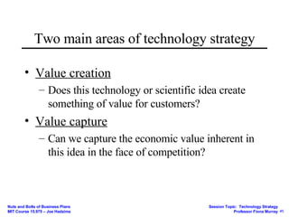 Two main areas of technology strategy Value creation Does this technology or scientific idea create something of value for customers? Value capture Can we capture the economic value inherent in this idea in the face of competition? 