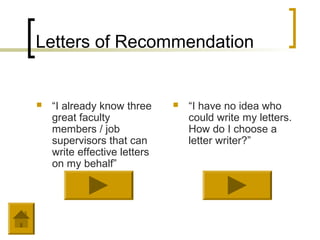 Letters of Recommendation


   “I already know three        “I have no idea who
    great faculty                 could write my letters.
    members / job                 How do I choose a
    supervisors that can          letter writer?”
    write effective letters
    on my behalf”
 