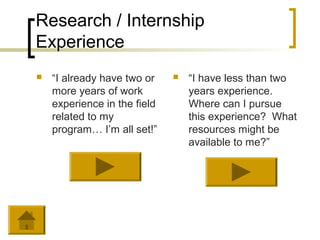Research / Internship
Experience
   “I already have two or       “I have less than two
    more years of work            years experience.
    experience in the field       Where can I pursue
    related to my                 this experience? What
    program… I’m all set!”        resources might be
                                  available to me?”
 