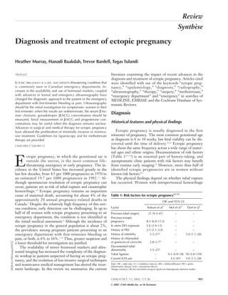 Review
Synthèse
E
ctopic pregnancy, in which the gestational sac is
outside the uterus, is the most common life-
threatening emergency in early pregnancy. The in-
cidence in the United States has increased greatly in the
last few decades, from 4.5 per 1000 pregnancies in 1970 to
an estimated 19.7 per 1000 pregnancies in 1992.1,2
Al-
though spontaneous resolution of ectopic pregnancy can
occur, patients are at risk of tubal rupture and catastrophic
hemorrhage.3,4
Ectopic pregnancy remains an important
cause of maternal death, accounting for about 4% of the
approximately 20 annual pregnancy-related deaths in
Canada.5
Despite the relatively high frequency of this seri-
ous condition, early detection can be challenging. In up to
half of all women with ectopic pregnancy presenting to an
emergency department, the condition is not identified at
the initial medical assessment.6
Although the incidence of
ectopic pregnancy in the general population is about 2%,
the prevalence among pregnant patients presenting to an
emergency department with first-trimester bleeding or
pain, or both, is 6% to 16%.7–14
Thus, greater suspicion and
a lower threshold for investigation are justified.
The availability of newer hormonal markers and ultra-
sound imaging has increased the complexity of the diagnos-
tic workup in patients suspected of having an ectopic preg-
nancy, and the evolution of less invasive surgical techniques
and noninvasive medical management has altered the treat-
ment landscape. In this review we summarize the current
literature examining the impact of recent advances in the
diagnosis and treatment of ectopic pregnancy. Articles cited
were identified with use of the keywords “ectopic preg-
nancy,” “epidemiology,” “diagnosis,” “radiography,”
“ultrasonography,” “therapy,” “surgery,” “methotrexate,”
“emergency department” and “emergency” in searches of
MEDLINE, EMBASE and the Cochrane Database of Sys-
tematic Reviews.
Diagnosis
Historical features and physical findings
Ectopic pregnancy is usually diagnosed in the first
trimester of pregnancy. The most common gestational age
at diagnosis is 6 to 10 weeks, but fetal viability can be dis-
covered until the time of delivery.15,16
Ectopic pregnancy
has about the same frequency across a wide range of mater-
nal ages and ethnic origins. Documentation of risk factors
(Table 19,17,18
) is an essential part of history-taking, and
asymptomatic clinic patients with risk factors may benefit
from routine early imaging.19
However, more than half of
identified ectopic pregnancies are in women without
known risk factors.8,9
The physical findings depend on whether tubal rupture
has occurred. Women with intraperitoneal hemorrhage
Diagnosis and treatment of ectopic pregnancy
Heather Murray, Hanadi Baakdah, Trevor Bardell, Togas Tulandi
Abstract
ECTOPIC PREGNANCY IS A LIFE- AND FERTILITY-threatening condition that
is commonly seen in Canadian emergency departments. In-
creases in the availability and use of hormonal markers, coupled
with advances in formal and emergency ultrasonography have
changed the diagnostic approach to the patient in the emergency
department with first-trimester bleeding or pain. Ultrasonography
should be the initial investigation for symptomatic women in their
first trimester; when the results are indeterminate, the serum β hu-
man chorionic gonadotropin (β-hCG) concentration should be
measured. Serial measurement of β-hCG and progesterone con-
centrations may be useful when the diagnosis remains unclear.
Advances in surgical and medical therapy for ectopic pregnancy
have allowed the proliferation of minimally invasive or noninva-
sive treatment. Guidelines for laparoscopy and for methotrexate
therapy are provided.
CMAJ 2005;173(8):905-12
DOI:10.1503/cmaj.050222
CMAJ • OCT. 11, 2005; 173 (8) 905
© 2005 CMA Media Inc. or its licensors
Table 1: Risk factors for ectopic pregnancy
9,17,18
OR (and 95% CI)
Factor Ankum et al17
Mol et al18
Dart et al9
Previous tubal surgery 21 (9.3–47) – –
Previous ectopic
pregnancy 8.3 (6.0–11.5) – –
In utero DES exposure 5.6 (2.4–13) – –
History of PID 2.5 (2.1–3.0) – –
History of infertility 2.5–21* – 5.0 (1.1–28)
History of chlamydial
or gonococcal cervicitis 2.8–3.7* – –
Documented tubal
abnormality 3.5–25* – –
Tubal ligation – 9.3 (4.9–18) 18 (3.0–139)
Current IUD use – 4.2–45* 5.0 (1.1–28)
Note: OR = odds ratio, CI = confidence interval, DES = diethylstilbestrol, PID = pelvic
inflammatory disease, IUD = intrauterine device.
*Range; summary OR not calculated owing to significant heterogeneity between studies.
 
