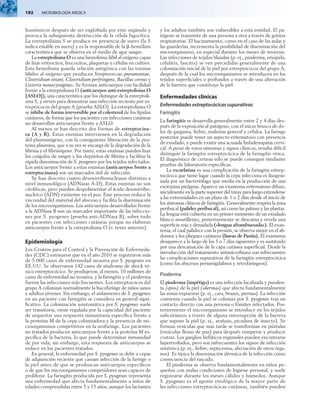 192  MICROBIOLOGÍA MÉDICA
lisosómicos después de ser englobada por este orgánulo y
provoca la subsiguiente destrucción de la célula fagocítica.
La estreptolisina S se produce en presencia de suero (la S
indica estable en suero) y es la responsable de la b-hemólisis
característica que se observa en el medio de agar sangre.
La estreptolisina O es una hemolisina lábil al oxígeno capaz
de lisar eritrocitos, leucocitos, plaquetas y células en cultivo.
Esta hemolisina guarda relación antigénica con las toxinas
lábiles al oxígeno que producen Streptococcus pneumoniae,
Clostridium tetani, Clostridium perfringens, Bacillus cereus y
Listeria monocytogenes. Se forman anticuerpos con facilidad
frente a la estreptolisina O (anticuerpos anti-estreptolisina O
[ASLO]), una característica que los distingue de la estreptoli-
sina S, y sirven para demostrar una infección reciente por es-
treptococos del grupo A (prueba ASLO). La estreptolisina O
se inhibe de forma irreversible por el colesterol de los lípidos
cutáneos, de forma que los pacientes con infecciones cutáneas
no desarrollan anticuerpos frente a ASLO.
Al menos se han descrito dos formas de estreptocina­
sa (A y B). Estas enzimas intervienen en la degradación
del plasminógeno, con la consiguiente liberación de la pro-
teína plasmina, que a su vez se encarga de la degradación de la
fibrina y el fibrinógeno. Por tanto, estas enzimas pueden lisar
los coágulos de sangre y los depósitos de fibrina y facilitar la
rápida diseminación de S. pyogenes por los tejidos infectados.
Los anticuerpos frente a estas enzimas (anticuerpos frente a
estreptocinasa) son un marcador útil de infección.
Se han descrito cuatro desoxirribonucleasas distintas a
nivel inmunológico (ADNasas A-D). Estas enzimas no son
citolíticas, pero pueden despolimerizar el ácido desoxirribo-
nucleico (ADN) existente en el pus. Este proceso reduce la
viscosidad del material del absceso y facilita la diseminación
de los microorganismos. Los anticuerpos desarrollados frente
a la ADNasa B son un marcador importante de las infeccio-
nes por S. pyogenes (prueba anti-ADNasa B), sobre todo
en pacientes con infecciones cutáneas porque no elaboran
anticuerpos frente a la estreptolisina O (v. texto anterior).
Epidemiología
Los Centros para el Control y la Prevención de Enfermeda-
des (CDC) estimaron que en el año 2010 se registraron más
de 5.000 casos de enfermedad invasiva por S. pyogenes en
EE.UU. Se observaron 142 casos de síndrome de shock tó-
xico estreptocócico. Se produjeron, al menos, 10 millones de
casos de enfermedad no invasiva, y la faringitis y el pioderma
fueron las infecciones más frecuentes. Los estreptococos del
grupo A colonizan normalmente la bucofaringe de niños sanos
y adultos jóvenes. Sin embargo, el aislamiento de S. pyogenes
en un paciente con faringitis se considera en general signi-
ficativo. La colonización asintomática por S. pyogenes suele
ser transitoria, viene regulada por la capacidad del paciente
de orquestar una respuesta inmunitaria específica frente a
la proteína M de la cepa colonizadora y la presencia de mi-
croorganismos competitivos en la orofaringe. Los pacientes
no tratados producen anticuerpos frente a la proteína M es-
pecífica de la bacteria, lo que puede determinar inmunidad
de por vida; sin embargo, esta respuesta de anticuerpos se
reduce en los pacientes tratados.
En general, la enfermedad por S. pyogenes se debe a cepas
de adquisición reciente que causan infección de la faringe o
la piel antes de que se produzcan anticuerpos específicos
o de que los microorganismos competidores sean capaces de
proliferar. La faringitis producida por S. pyogenes representa
una enfermedad que afecta fundamentalmente a niños de
edades comprendidas entre 5 y 15 años, aunque los lactantes
y los adultos también son vulnerables a esta entidad. El pa-
tógeno se transmite de una persona a otra a través de gotitas
respiratorias. El hacinamiento, como en el caso de las aulas y
las guarderías, incrementa la posibilidad de diseminación del
microorganismo, en especial durante los meses de invierno.
Las infecciones de tejidos blandos (p. ej., pioderma, erisipela,
celulitis, fascitis) se ven precedidas generalmente de una
colonización inicial de la piel por estreptococos del grupo A,
después de la cual los microorganismos se introducen en los
tejidos superficiales o profundos a través de una alteración
de la barrera que constituye la piel.
Enfermedades clínicas
Enfermedades estreptocócicas supurativas
Faringitis
La faringitis se desarrolla generalmente entre 2 y 4 días des-
pués de la exposición al patógeno, con el inicio brusco de do-
lor de garganta, fiebre, malestar general y cefalea. La faringe
posterior puede tener un aspecto eritematoso con presencia
de exudado, y puede existir una acusada linfadenopatía cervi-
cal. A pesar de estos síntomas y signos clínicos, resulta difícil
distinguir la faringitis estreptocócica de la faringitis vírica.
El diagnóstico de certeza sólo se puede conseguir mediante
pruebas de laboratorio específicas.
La escarlatina es una complicación de la faringitis estrep-
tocócica que tiene lugar cuando la cepa infecciosa es lisogeni-
zada por un bacteriófago que media en la producción de una
exotoxina pirógena. Aparece un exantema eritematoso difuso,
inicialmente en la parte superior del tórax para luego extenderse
a las extremidades en un plazo de 1 o 2 días desde el inicio de
los síntomas clínicos de faringitis. Generalmente respeta la zona
peribucal (palidez peribucal), así como las palmas y las plantas.
La lengua está cubierta en un primer momento de un exudado
blanco amarillento, posteriormente se descama y revela una
superficie roja y denudada («lengua aframbuesada»). El exan-
tema, el cual palidece con la presión, se observa mejor en el ab-
domen y los pliegues cutáneos (líneas de Pastia). El exantema
desaparece a lo largo de los 5 o 7 días siguientes y es sustituido
por una descamación de la capa cutánea superficial. Desde la
introducción del tratamiento antimicrobiano son infrecuentes
las complicaciones supurativas de la faringitis estreptocócica
(como los abscesos periamigdalinos y retrofaríngeos).
Pioderma
El pioderma (impétigo) es una infección localizada y purulen-
ta («pio») de la piel («derma») que afecta fundamentalmente
las zonas expuestas (p. ej., cara, brazos, piernas). La infección
comienza cuando la piel se coloniza por S. pyogenes tras un
contacto directo con una persona o fómites infectados. Pos-
teriormente el microorganismo se introduce en los tejidos
subcutáneos a través de alguna interrupción de la barrera
que supone la piel (p. ej., arañazo, picadura de insecto). Se
forman vesículas que más tarde se transforman en pústulas
(vesículas llenas de pus) para después romperse y producir
costras. Los ganglios linfáticos regionales pueden encontrarse
hipertrofiados, pero son infrecuentes los signos de infección
sistémica (p. ej., fiebre, septicemia, afectación de otros órga-
nos). Es típica la diseminación dérmica de la infección como
consecuencia del rascado.
El pioderma se observa fundamentalmente en niños pe-
queños con malas condiciones de higiene personal, y suele
registrarse durante los meses cálidos y húmedos. Aunque
S. pyogenes es el agente etiológico de la mayor parte de
las infecciones estreptocócicas cutáneas, también pueden
 