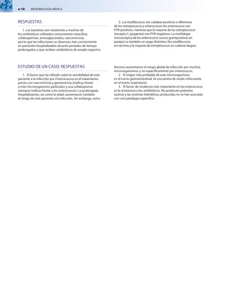 e-18  MICROBIOLOGÍA MÉDICA
RESPUESTAS
1.	Las bacterias son resistentes a muchos de
los antibióticos utilizados comúnmente (oxacilina,
cefalosporinas, aminoglucósidos, vancomicina),
por lo que las infecciones se observan más comúnmente
en pacientes hospitalizados durante períodos de tiempo
prolongados y que reciben antibióticos de amplio espectro.
2.	Los estafilococos son catalasa-positivos a diferencia
de los estreptococos y enterococos: los enterococos son
PYR-positivos, mientras que la mayoría de los estreptococos
(excepto S. pyogenes) son PYR-negativos. La morfología
microscópica de los enterococos (cocos grampositivos en
parejas) es también un rasgo distintivo (los estafilococos
en racimos y la mayoría de estreptococos en cadenas largas).
ESTUDIO DE UN CASO: RESPUESTAS
1.	 El factor que ha influido sobre la sensibilidad de este
paciente a la infección por Enterococcus es el tratamiento
previo con vancomicina y gentamicina (ineficaz frente
a este microorganismo particular) y una cefalosporina
(siempre ineficaz frente a los enterococos). La prolongada
hospitalización, así como la edad, aumentaron también
el riesgo de este paciente a la infección. Sin embargo, estos
factores aumentaron el riesgo global de infección por muchos
microorganismos y no específicamente por enterococos.
2.	 El origen más probable de este microorganismo
es el tracto gastrointestinal. Se encuentra de modo infrecuente
en el tracto respiratorio.
3.	 El factor de virulencia más importante en los enterococos
es la resistencia a los antibióticos. No producen potentes
toxinas y las enzimas hidrolíticas producidas no se han asociado
con una patología específica.
 