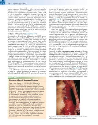 182  MICROBIOLOGÍA MÉDICA
acuosa, espasmos abdominales y fiebre. La mayoría de las
cepas productoras de enfermedad fabrican tanto enterotoxina
A como la leucotoxina de dos componentes LukE/LukD.
La enterocolitis afecta principalmente a pacientes que han
recibido antibióticos de amplio espectro que alteran la mi-
croflora normal del colon y permiten la proliferación de
S. aureus. El diagnóstico de enterocolitis estafilocócica tan
sólo se puede confirmar después de haber descartado otras
causas de infección más frecuentes (p. ej., colitis por Clostridium
difficile). Por lo general, las heces de los pacientes afectados
contienen un número elevado de estafilococos y las bacte-
rias normales gramnegativas suelen encontrarse ausentes. Se
observa la presencia de leucocitos en las heces y de placas
ulceradas en la mucosa del colon.
Síndrome del shock tóxico (caso clínico 18-2)
El primer brote del síndrome del shock tóxico (SST) se pro-
dujo en Australia en el año 1928, donde la enfermedad se
desarrolló en 21 niños, 12 de los cuales fallecieron tras haber
recibido una vacuna contaminada con S. aureus. Transcurridos
50 años desde este episodio, J. K. Todd describió el llamado
síndrome del shock tóxico en 7 niños con enfermedad sis-
témica, y en el verano de 1980 se publicaron los primeros
casos de SST en mujeres menstruantes. Estos datos se si-
guieron de un aumento espectacular de la incidencia de SST,
fundamentalmente en mujeres. Posteriormente se descubrió
que las cepas de S. aureus productoras de TSST-1 se podían
multiplicar rápidamente en los tampones superabsorbentes
y liberar la toxina. Después de la retirada de estos tampones,
la incidencia de la enfermedad, fundamentalmente en las
mujeres menstruantes, descendió rápidamente. En la actua-
lidad, se estima que se producen alrededor de 100 casos de
SST al año en EE.UU. Aunque en un principio se describió
que los estafilococos coagulasa-negativos podían originar este
síndrome, en la actualidad se cree que la entidad se restringe
a S. aureus.
Esta enfermedad se inicia con el crecimiento localizado de
las cepas de S. aureus productoras de la toxina en la vagina o
la herida, seguida de la liberación de la toxina en la sangre. La
producción de la toxina impone una atmósfera aerobia y un
pH neutro. Las manifestaciones clínicas aparecen de forma
brusca y consisten en fiebre, hipotensión y exantema eritema-
toso macular difuso. Se observa una afectación multiorgánica
(nervioso central, digestivo, hematológico, hepático, muscular
y renal), y toda la piel se descama, incluidas las palmas y las
plantas (fig. 18-5). Una forma especialmente virulenta del
SST es la púrpura fulminante. Este cuadro se caracteriza
por extensas lesiones purpúricas en la piel, con fiebre, hipo-
tensión y coagulación intravascular diseminada. La púrpura
fulminante se asociaba antes a las infecciones incontrolables
por Neisseria meningitidis.
La alta tasa inicial de fallecimientos ha disminuido apro-
ximadamente al 5% al conocerse mejor la epidemiología y
la etiología de esta enfermedad. Sin embargo, el índice de
recidiva llega a alcanzar el 65%, a no ser que el paciente se
trate específicamente con un antibiótico eficaz. Los estudios
serológicos han puesto de manifiesto que más del 90% de los
adultos portan anticuerpos frente a TSST-1; sin embargo, más
del 50% de los pacientes con SST no son capaces de desarro-
llar anticuerpos protectores con posterioridad a la resolución
de la enfermedad. Estos pacientes carentes de protección
presentan un riesgo significativo de recidiva del síndrome.
Infecciones cutáneas
Dentro de las infecciones estafilocócicas piógenas localizadas
figuran el impétigo, la foliculitis, los forúnculos y el ántrax. El
impétigo, una infección superficial que afecta sobre todo a ni-
ños pequeños, se produce fundamentalmente en la cara y las
extremidades. Inicialmente se observa una pequeña mácula
(una mancha roja aplanada), y luego se desarrolla una pústula
(vesícula llena de pus) sobre una base eritematosa. Se forma
una costra después de la rotura de la pústula. Es frecuente
la existencia de múltiples vesículas en distintas fases de desa-
rrollo como consecuencia de la extensión secundaria de la
infección a zonas adyacentes de la piel (fig. 18-6). El impétigo
se debe generalmente a la infección por S. aureus, aunque
los estreptococos del grupo A, de manera independiente o
en combinación con S. aureus, originan un 20% de los casos.
La foliculitis es una infección piógena de los folículos
pilosos. La base del folículo está elevada y enrojecida, y hay
CASO CLÍNICO 18-2
Síndrome del shock tóxico estafilocócico
Todd y cols. (Lancet 2:1116-1118, 1978) fueron los
primeros investigadores que describieron un cuadro
pediátrico que denominaron «síndrome del shock tóxico».
Este paciente ilustra la evolución clínica de la enfermedad.
Una chica de 15 años fue ingresada en el hospital con clínica
de faringitis y vaginitis asociada a vómitos y diarrea acuosa
de 2 días de evolución. Mostraba fiebre e hipotensión
al ingreso y tenía un exantema difuso por todo el cuerpo
de aspecto eritematoso. Las pruebas de laboratorio
indicaron acidosis, oliguria y coagulación intravascular
diseminada con un cuadro de trombocitopenia grave.
La radiografía de tórax mostró infiltrados pulmonares
bilaterales, sugestivos de «pulmón de shock». Fue ingresada
en cuidados intensivos del hospital, donde se estabilizó
y mejoró de forma gradual en 17 días. Al tercer día la
paciente presentó una descamación fina de la cara, el tronco
y las extremidades y que progresó hasta la descamación
de palmas y plantas el día 14 de ingreso. Todos los cultivos
fueron negativos, salvo la faringe y la vagina, en las que
se aisló S. aureus. Este caso ilustra la presentación inicial
del SST, la toxicidad multiorgánica y la prolongada
recuperación. Figura18-5  Síndrome del shock tóxico. Se muestra un caso de infección
mortal con afectación cutánea y de tejidos blandos.
 