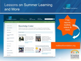 Lessons on Summer Learning
and More
52
Free
reports,
toolkits,
videos &
more
wallacefoundation.org
 