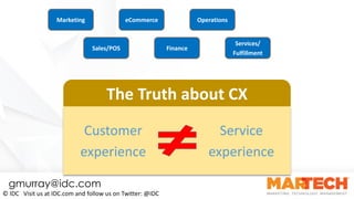 ©	IDC			Visit	us	at	IDC.com	and	follow	us	on	Twitter:	@IDC
The	Truth	about	CX
Customer	
experience	
Service
experience	
Ma...