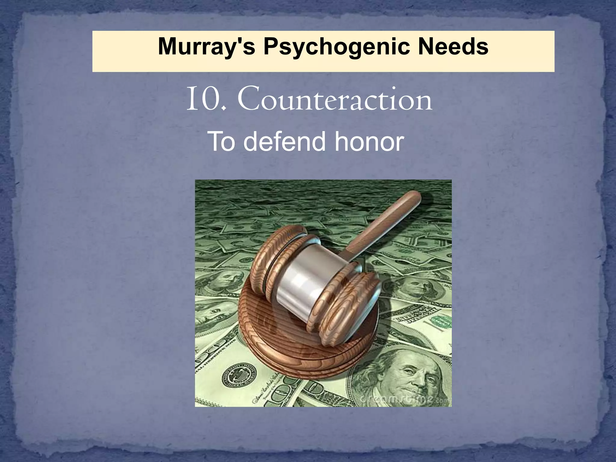 Murray's Psychogenic Needs

10. Counteraction
To defend honor

 