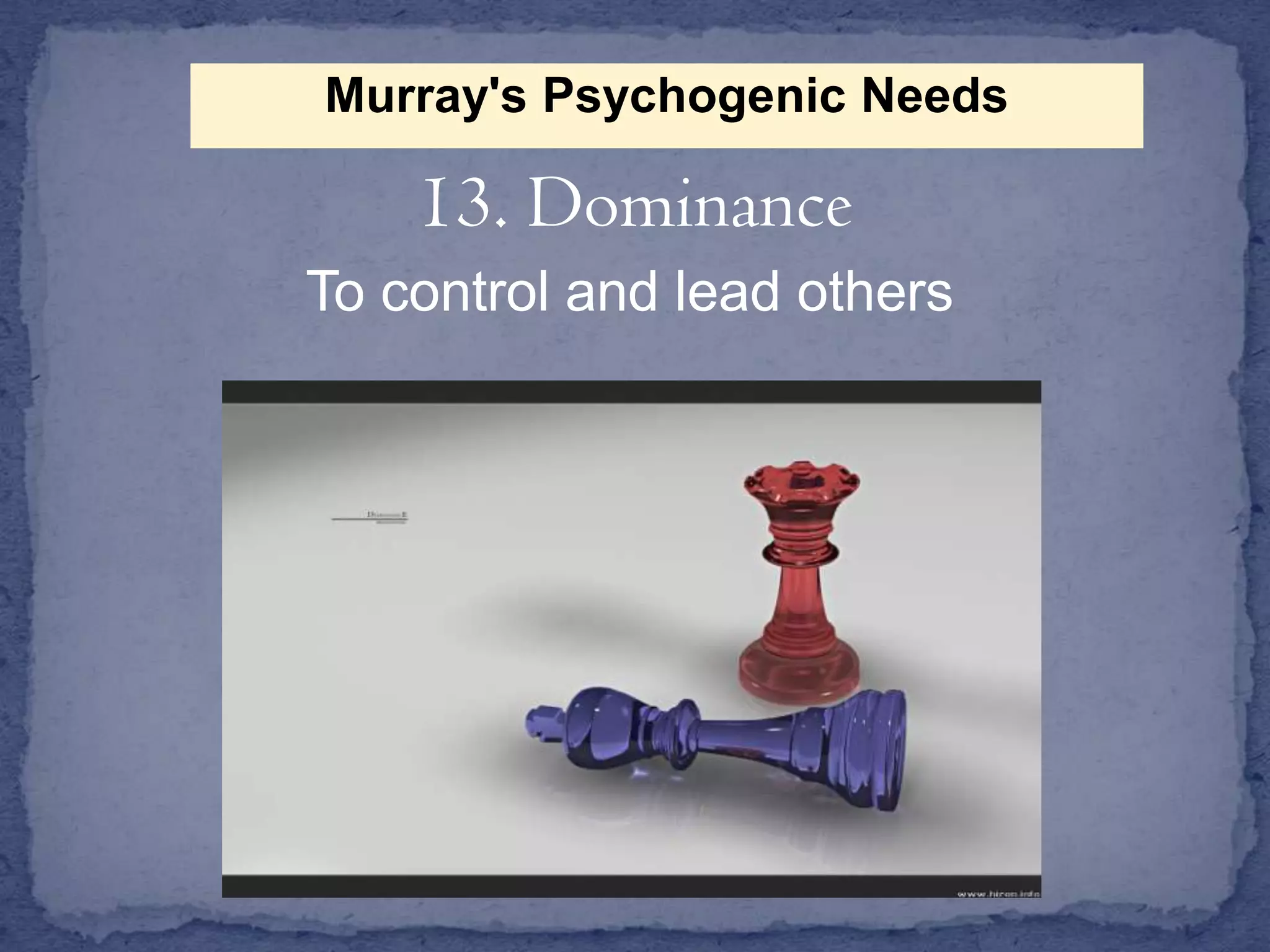 Murray's Psychogenic Needs

13. Dominance
To control and lead others

 