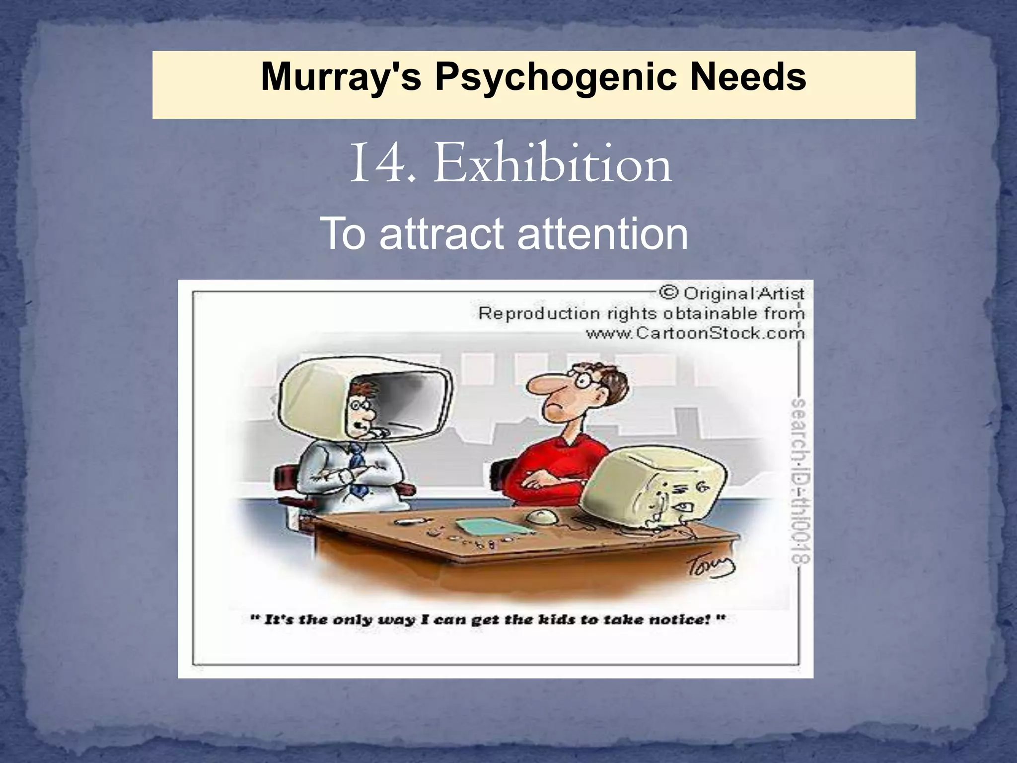 Murray's Psychogenic Needs

14. Exhibition
To attract attention

 