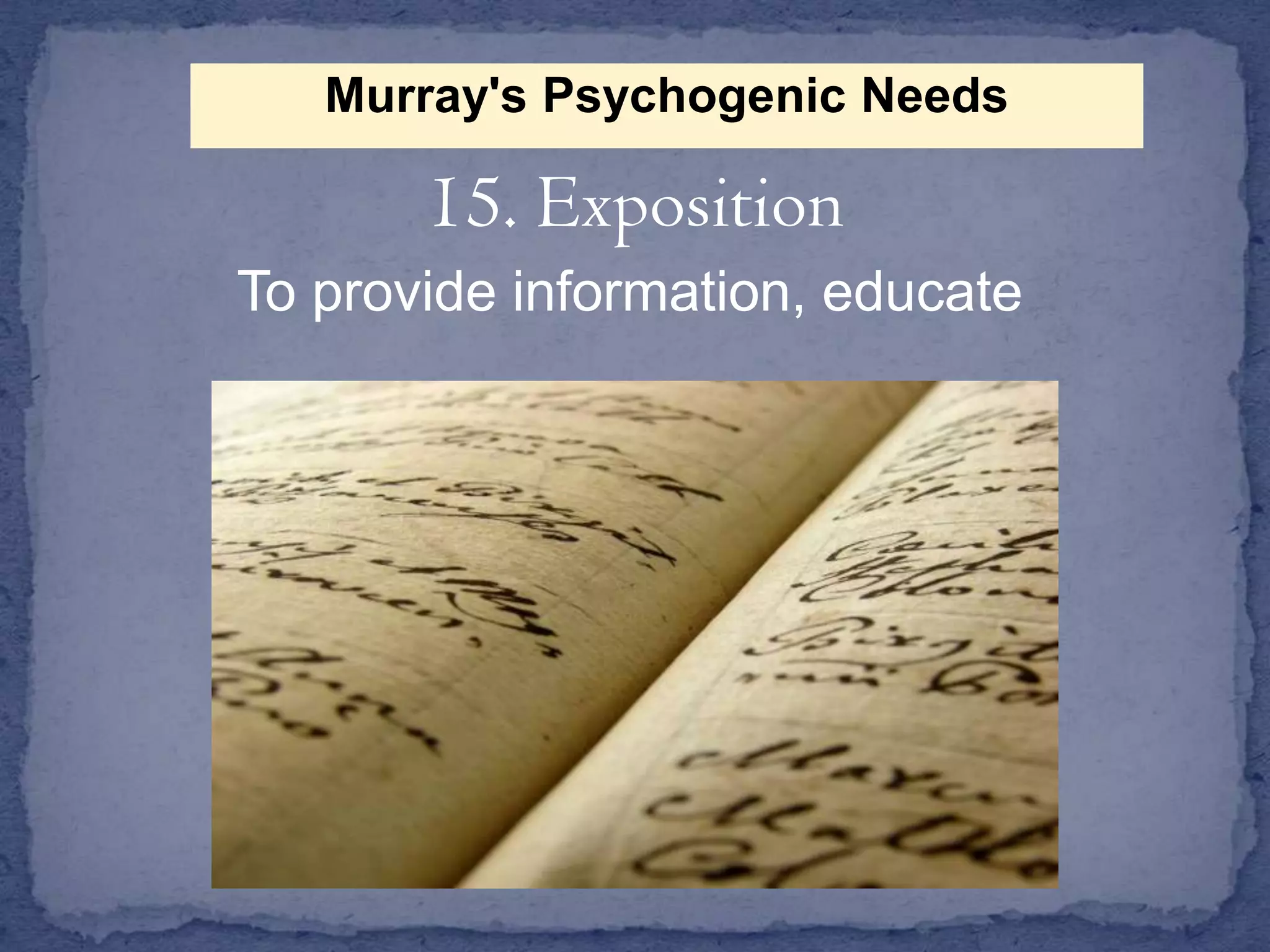 Murray's Psychogenic Needs

15. Exposition
To provide information, educate

 
