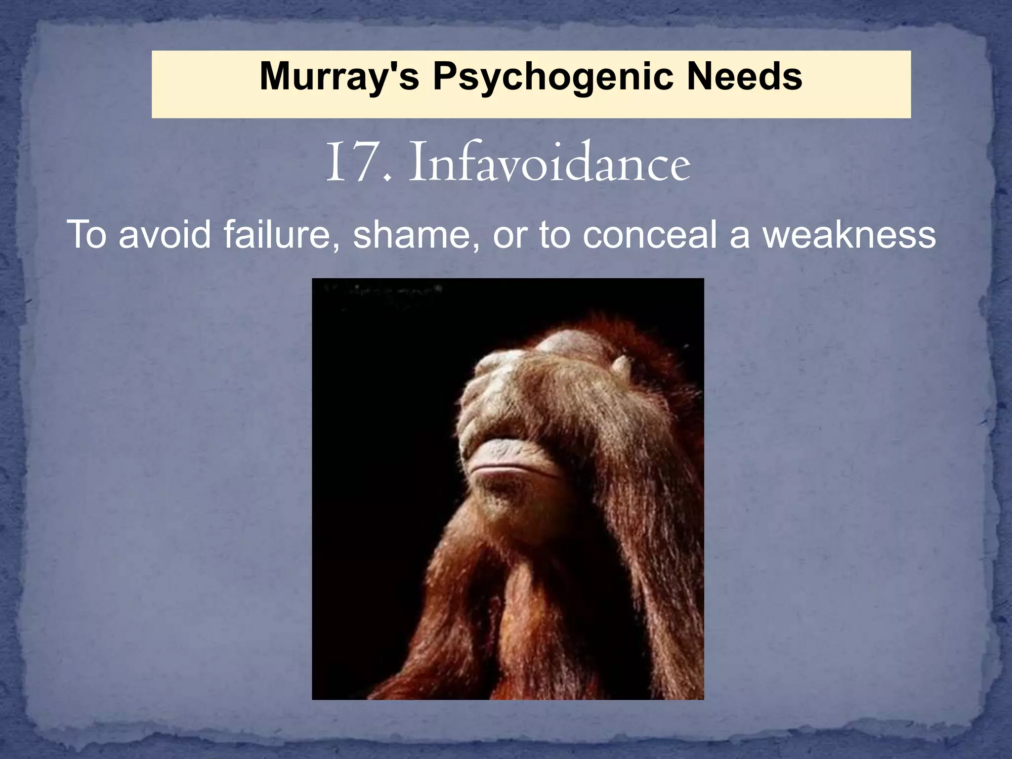 Murray's Psychogenic Needs

17. Infavoidance
To avoid failure, shame, or to conceal a weakness

 