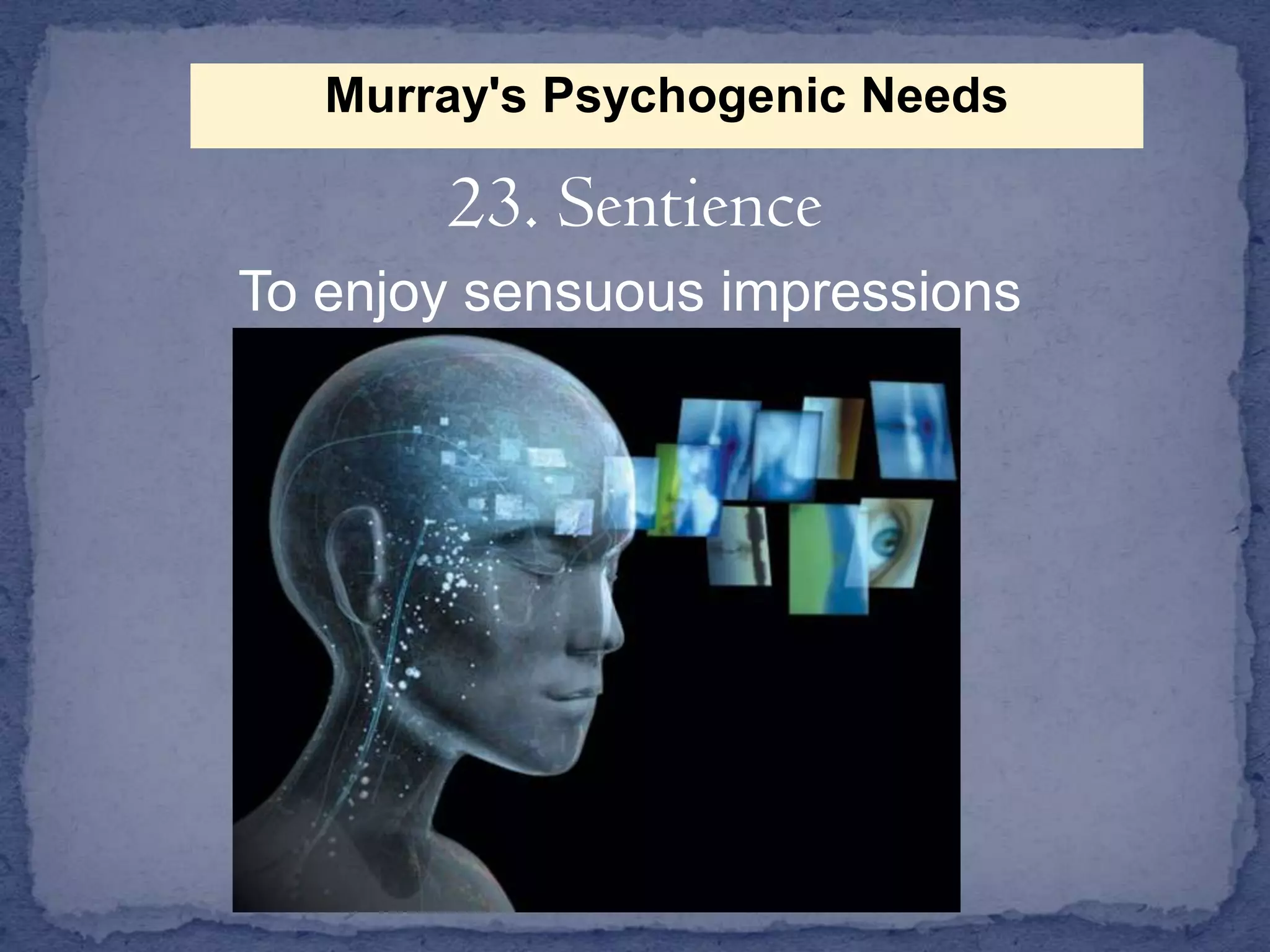 Murray's Psychogenic Needs

23. Sentience
To enjoy sensuous impressions

 