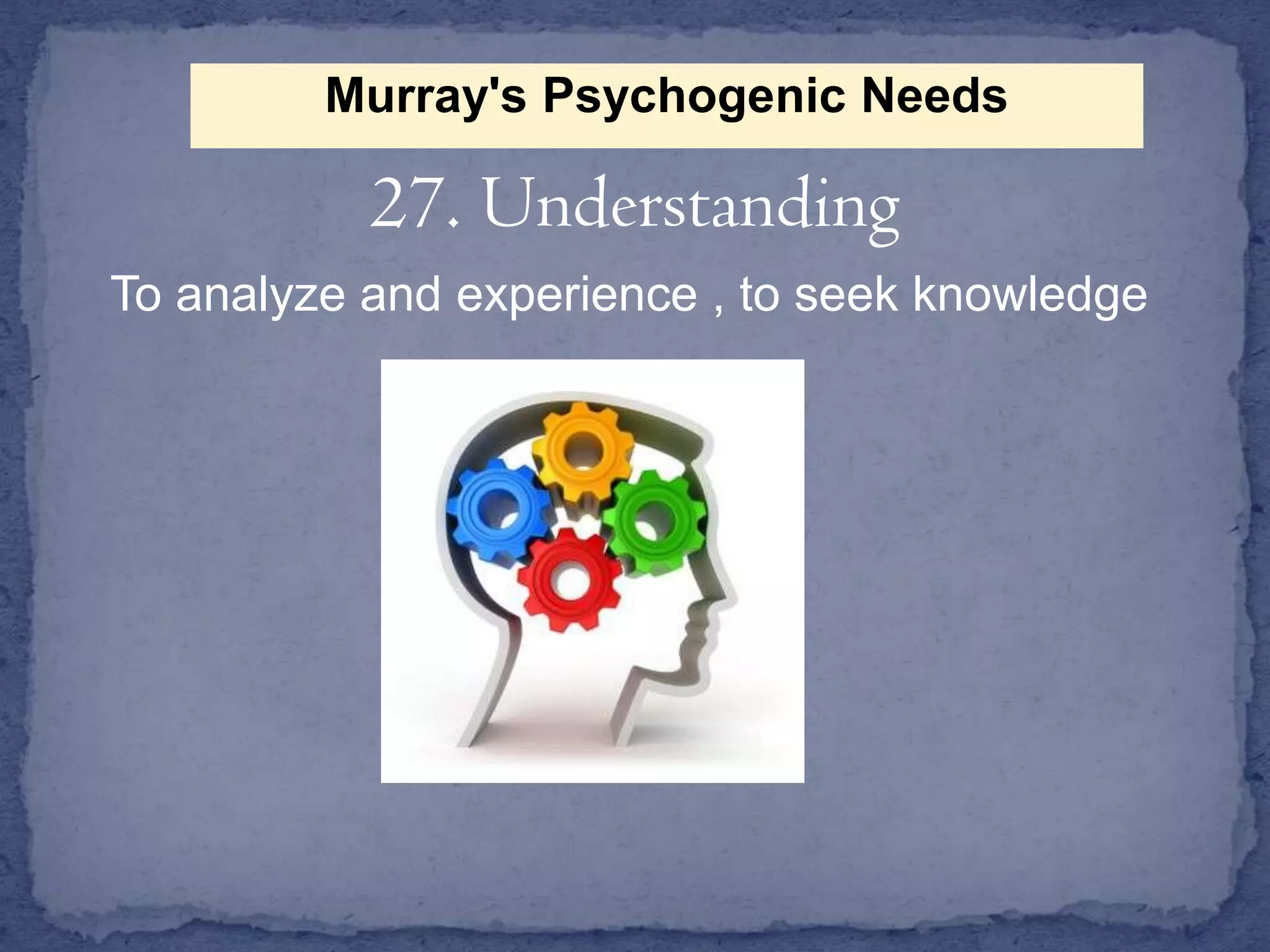 Murray's Psychogenic Needs

27. Understanding
To analyze and experience , to seek knowledge

 