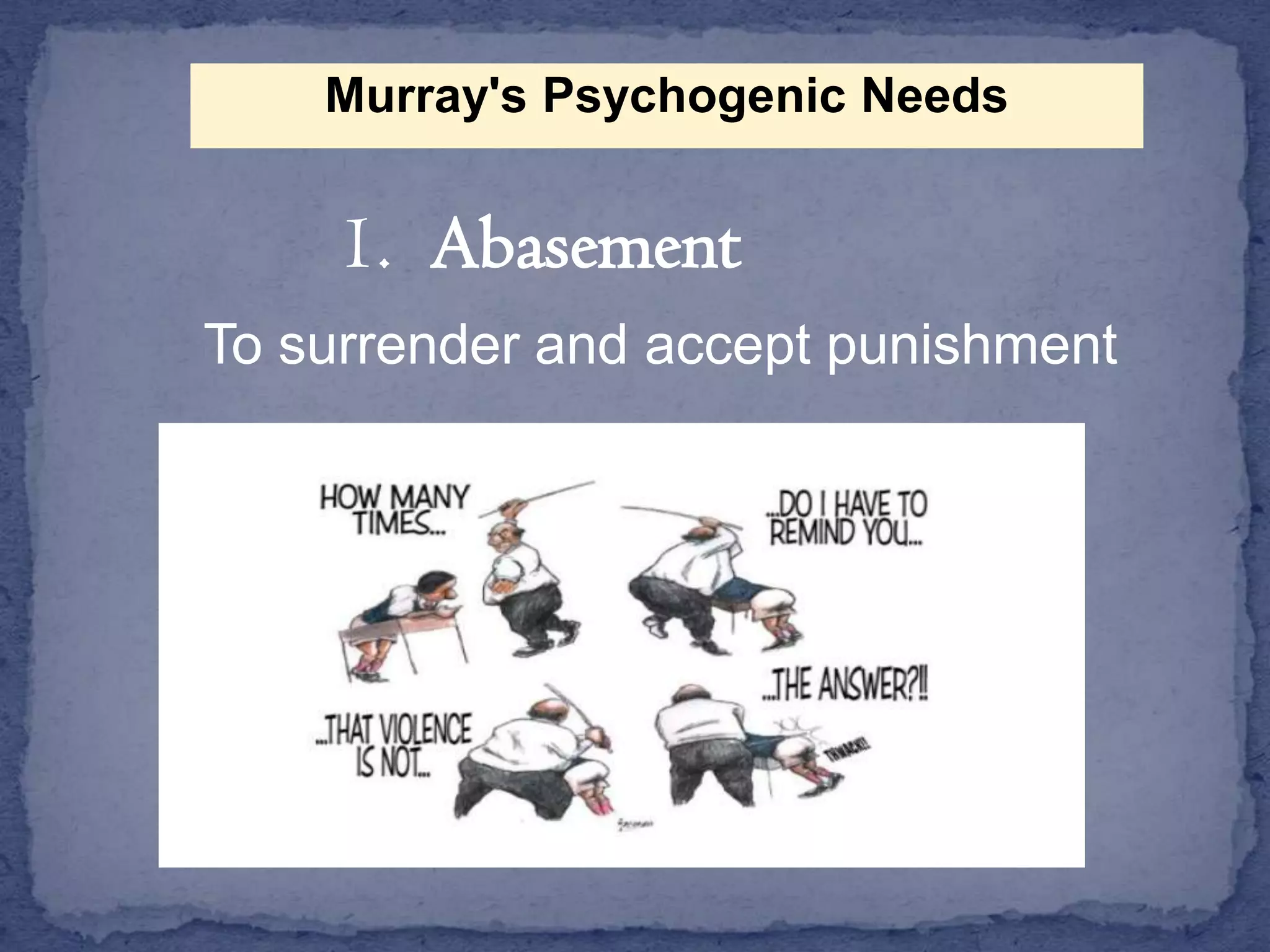 Murray's Psychogenic Needs

1. Abasement
To surrender and accept punishment

 