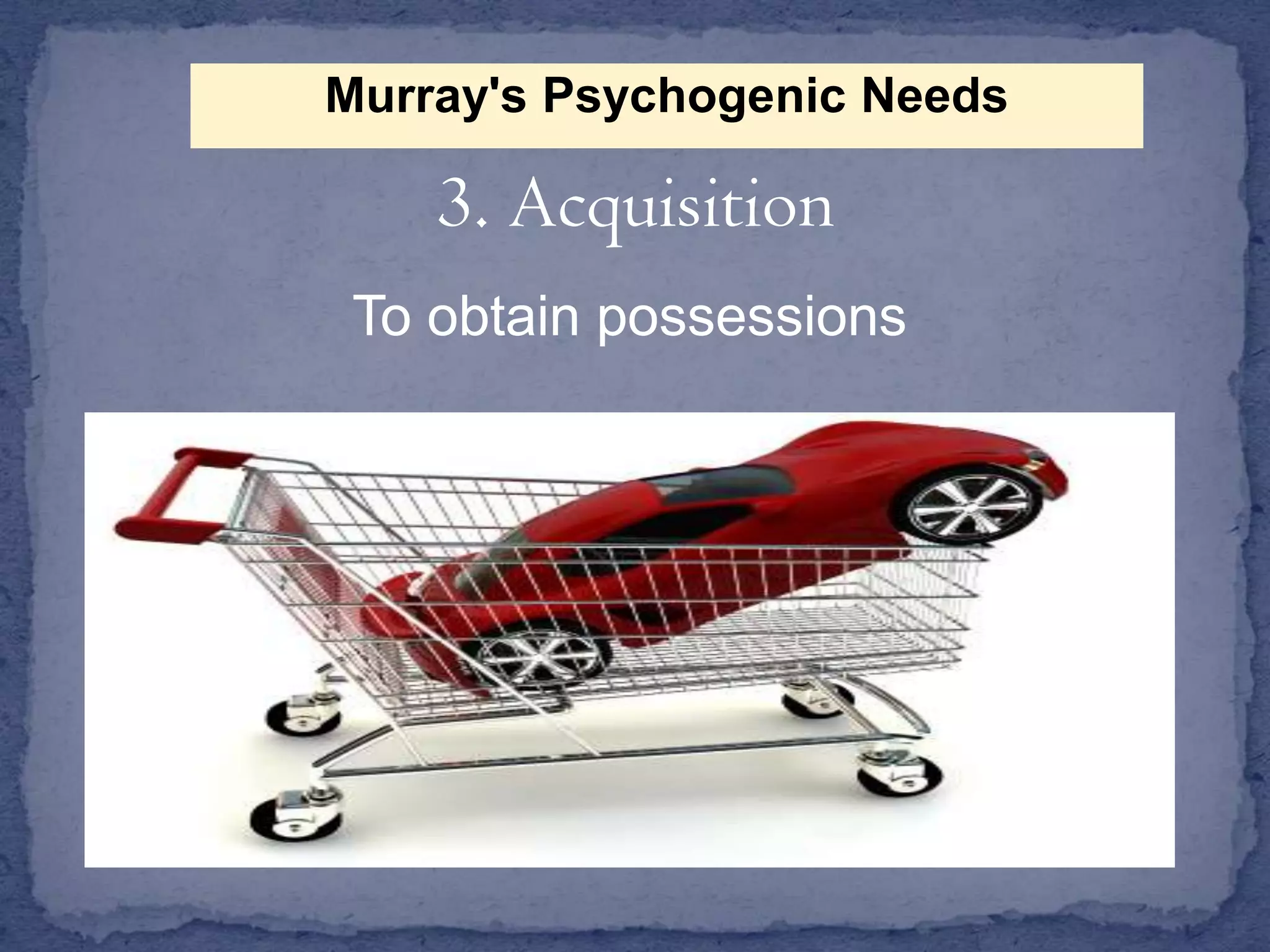 Murray's Psychogenic Needs

3. Acquisition
To obtain possessions

 
