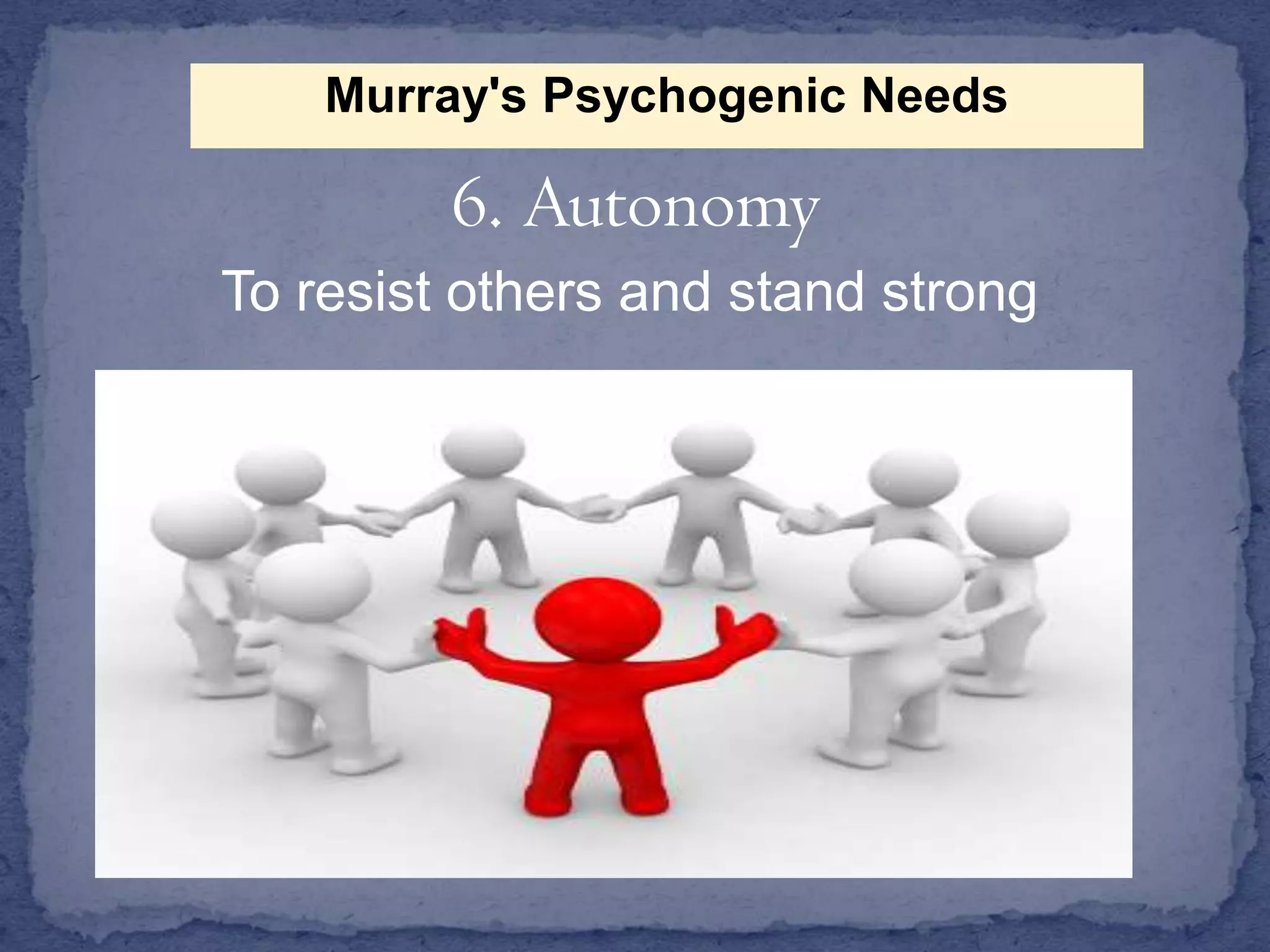 Murray's Psychogenic Needs

6. Autonomy
To resist others and stand strong

 