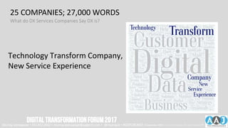 Customer Digital Data Business
Technology Transform Company,
New Service Experience
Help User Innovate More, Need
Product, Create Solution,
Manage Strategy
25 COMPANIES; 27,000 WORDS
What do DX Services Companies Say DX is?
Murray Izenwasser • 561.452.2662 • murray.izenwasser@aajtech.com • @murrayiz • #DXFORUM17 6 September 2018 © AAJ Technologies All rights reserved.14
DIGITALTRANSFORMATIONFORUM2017
 
