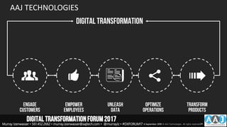 Engage
customers
Empower
employees
Optimize
operations
Transform
PRODUCTs
Digitaltransformation
Unleash
data

AAJ TECHNOLOGIES
DIGITALTRANSFORMATIONFORUM2017
Murray Izenwasser • 561.452.2662 • murray.izenwasser@aajtech.com • @murrayiz • #DXFORUM17 6 September 2018 © AAJ Technologies All rights reserved.24
 