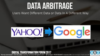 data arbitrage
Users Want Different Data or Data In A Different Way
DIGITALTRANSFORMATIONFORUM2017
Murray Izenwasser • 561.452.2662 • murray.izenwasser@aajtech.com • @murrayiz • #DXFORUM17 6 September 2018 © AAJ Technologies All rights reserved.33
 