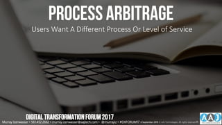 process arbitrage
Users Want A Different Process Or Level of Service
DIGITALTRANSFORMATIONFORUM2017
Murray Izenwasser • 561.452.2662 • murray.izenwasser@aajtech.com • @murrayiz • #DXFORUM17 6 September 2018 © AAJ Technologies All rights reserved.35
 