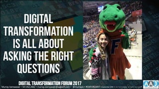 Digital
transformation
is all About
asking the right
Questions
DIGITALTRANSFORMATIONFORUM2017
Murray Izenwasser • 561.452.2662 • murray.izenwasser@aajtech.com • @murrayiz • #DXFORUM17 6 September 2018 © AAJ Technologies All rights reserved.41
 