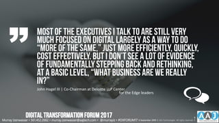 Mostof the executives I talk to are still very
much focused ondigital largelyas a wayto do
“moreof the same,”just moreefficiently, quickly,
cost effectively. But I don’tsee a lotof evidence
of fundamentallystepping back and rethinking,
at a basic level, “Whatbusiness are we really
in?”
John Hagel III | Co-Chairman at Deloitte LLP Center
for the Edge leaders
Murray Izenwasser • 561.452.2662 • murray.izenwasser@aajtech.com • @murrayiz • #DXFORUM17 6 September 2018 © AAJ Technologies All rights reserved.
6
1
DIGITALTRANSFORMATIONFORUM2017
 