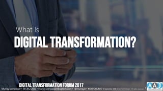 6 September 2018 Copyright © 2017 AAJ Technologies All rights reserved.AAJ Technologies Digital Transformation - Internal
Digital Transformation?
What Is
Murray Izenwasser • 561.452.2662 • murray.izenwasser@aajtech.com • @murrayiz • #DXFORUM17 6 September 2018 © AAJ Technologies All rights reserved.
8
DIGITALTRANSFORMATIONFORUM2017
 