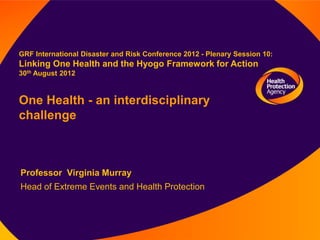 GRF International Disaster and Risk Conference 2012 - Plenary Session 10:
Linking One Health and the Hyogo Framework for Action
30th August 2012



One Health - an interdisciplinary
challenge



Professor Virginia Murray
Head of Extreme Events and Health Protection
 