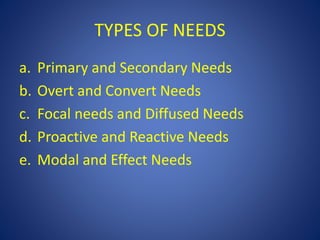 TYPES OF NEEDS
a. Primary and Secondary Needs
b. Overt and Convert Needs
c. Focal needs and Diffused Needs
d. Proactive and Reactive Needs
e. Modal and Effect Needs
 