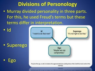 Divisions of Personology
• Murray divided personality in three parts.
For this, he used Freud’s terms but these
terms differ in interpretation.
• Id
• Superego
• Ego
 