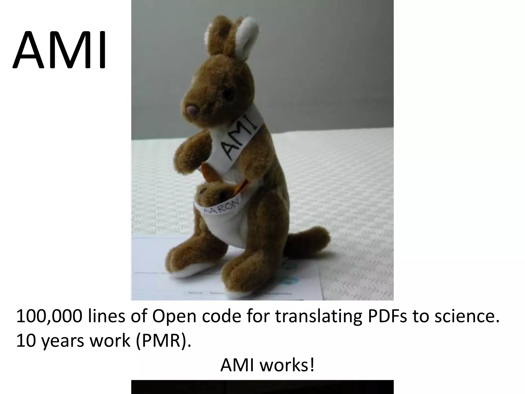 AMI

100,000 lines of Open code for translating PDFs to science.
10 years work (PMR).
AMI works!

 