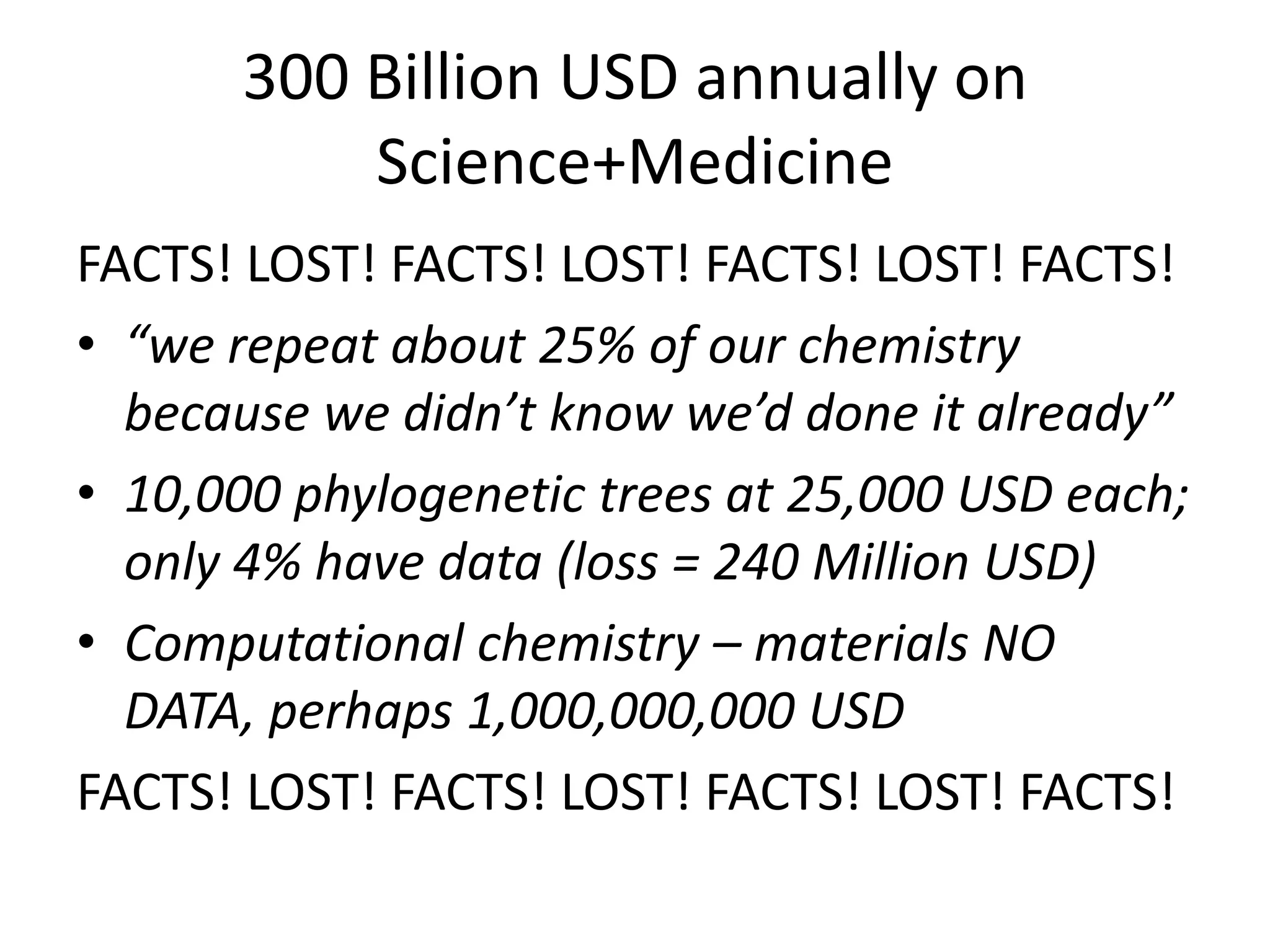 300 Billion USD annually on
Science+Medicine
FACTS! LOST! FACTS! LOST! FACTS! LOST! FACTS!
• “we repeat about 25% of our chemistry
because we didn’t know we’d done it already”
• 10,000 phylogenetic trees at 25,000 USD each;
only 4% have data (loss = 240 Million USD)
• Computational chemistry – materials NO
DATA, perhaps 1,000,000,000 USD
FACTS! LOST! FACTS! LOST! FACTS! LOST! FACTS!

 