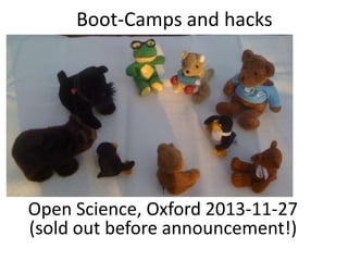 Boot-Camps and hacks

Open Science, Oxford 2013-11-27
(sold out before announcement!)

 