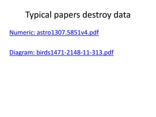 Typical papers destroy data
Numeric: astro1307.5851v4.pdf
Diagram: birds1471-2148-11-313.pdf

 