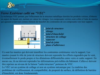Verre Extérieur collé ou "VEC"
La technique VEC permet, par l'effacement de la structure métallique derrière les produits verriers, d'obtenir
un aspect de façade uni, mettant en valeur les vitrages. Les composants verriers sont collés à l'aide de mastics
qui agissent avant tout comme élément de transfert des contraintes de ces composants vers leur support.
1.joint de structure
2.vitrage
3.joint d'étanchéité
4.structure de collage
5.espaceur
6.fond de joint
7.plans d'adhérence
Ce sont les mastics qui doivent transférer les contraintes extérieures vers le support. Les
mastics jouant le rôle de joint de structure doivent reprendre les efforts engendrés par le vent,
éventuellement le poids propre et les dilatations différentielles entre verre et cadre support. En
aucun cas, ils ne doivent reprendre les déformations prévisibles du bâtiment. Celles-ci doivent
être reprises au niveau de la liaison "cadre/structure" porteuse du VEC.
Le VEC est un système de collage et non un système mécanique pur. La maîtrise des
problèmes de vieillissement, de compatibilité, de propreté de surface, de définition de barrière
d'étanchéité, est donc fondamentale.
Construction
 