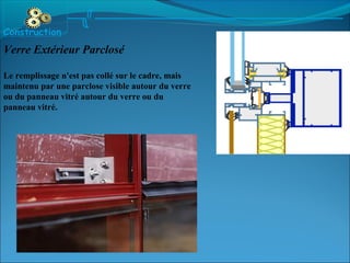Verre Extérieur Parclosé
Le remplissage n'est pas collé sur le cadre, mais
maintenu par une parclose visible autour du verre
ou du panneau vitré autour du verre ou du
panneau vitré.
Construction
 