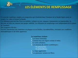 Ce sont des matériaux simples ou composites qui s'insèrent dans l'ossature de la façade légère pour en
remplir les vides et former la façade.
Ces éléments peuvent être fixes ou mobiles, isolants ou non, opaques, transparents ou translucides; ils
doivent, en tous cas, assurer leur propre stabilité. Les éléments de remplissage sont indépendants de la nature
de l'ossature.
Des exigences élevées :
On doit sélectionner des matériaux en plaques ou en feuilles, incombustibles, résistants aux conditions
atmosphériques et de belle apparence.
Les matériaux isolants
a.Les laines minérales.
b.Certains bois très légers comme le balsa.
c.Le verre cellulaire.
d.Les mousses de résines synthétiques :
ole polystyrène,
ole polyuréthane,
a.Le liège aggloméré.
b.Les panneaux isolants de fibres.
Construction
 