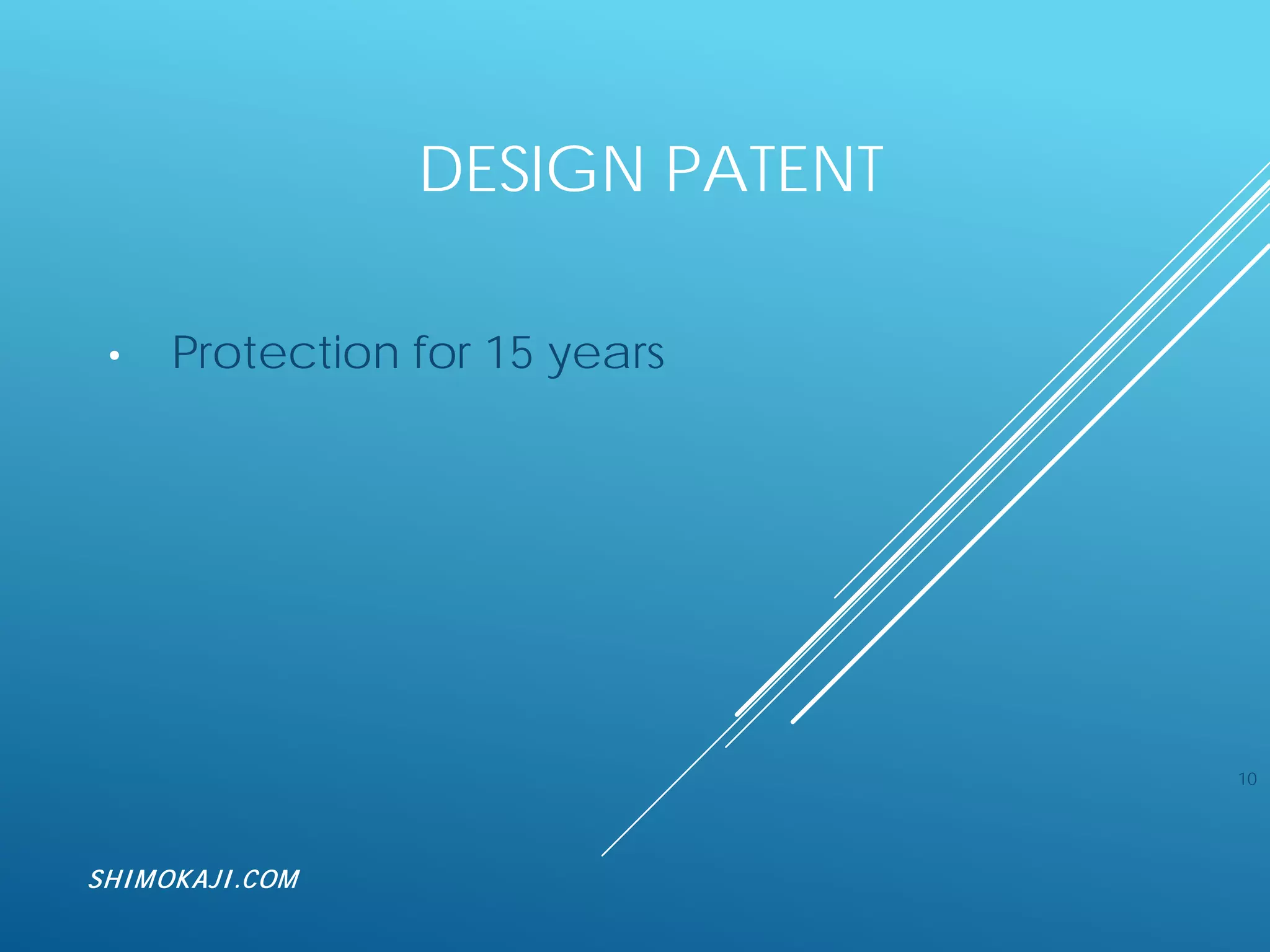DESIGN PATENT
• Protection for 15 years
10
SHIMOKAJI.COM
 