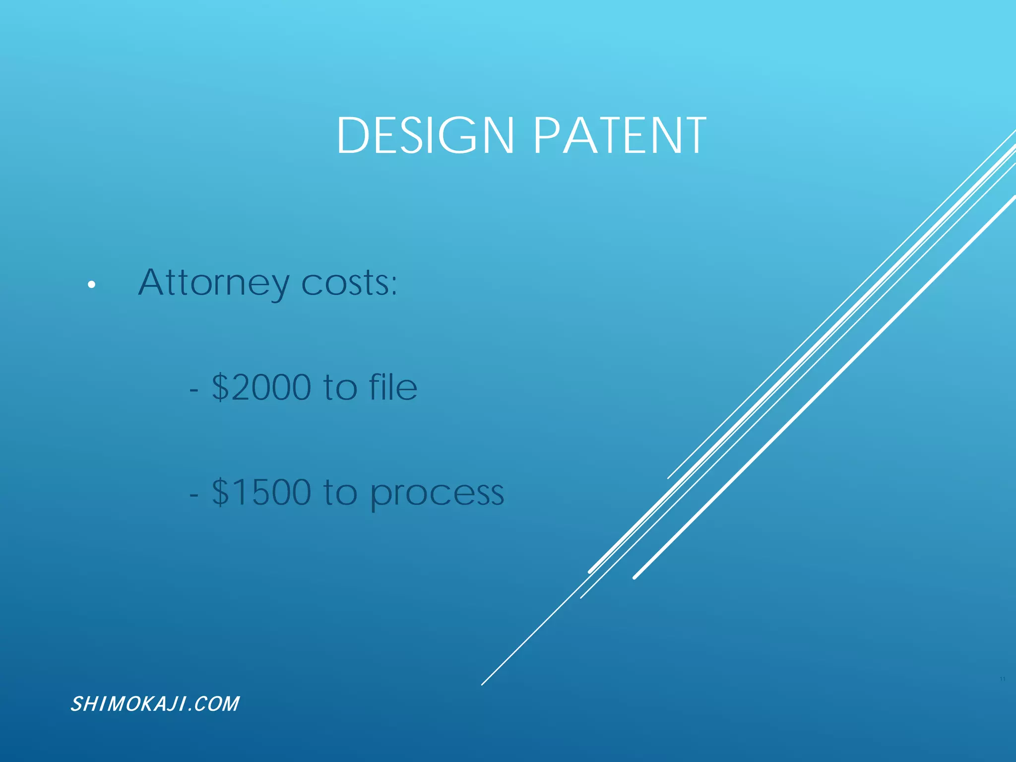 DESIGN PATENT
• Attorney costs:
- $2000 to file
- $1500 to process
11
SHIMOKAJI.COM
 