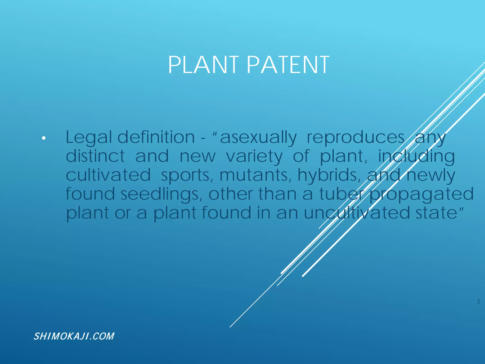 PLANT PATENT
• Legal definition - “asexually reproduces any
distinct and new variety of plant, including
cultivated sports, mutants, hybrids, and newly
found seedlings, other than a tuber propagated
plant or a plant found in an uncultivated state”
3
SHIMOKAJI.COM
 