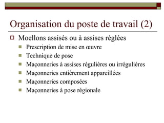 Organisation du poste de travail (2) Moellons assisés ou à assises réglées Prescription de mise en œuvre Technique de pose Maçonneries à assises régulières ou irrégulières Maçonneries entièrement appareillées Maçonneries composées Maçonneries à pose régionale 