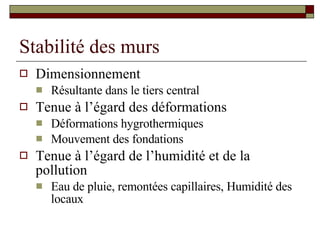 Stabilité des murs Dimensionnement Résultante dans le tiers central Tenue à l’égard des déformations Déformations hygrothermiques Mouvement des fondations Tenue à l’égard de l’humidité et de la pollution Eau de pluie, remontées capillaires, Humidité des locaux 
