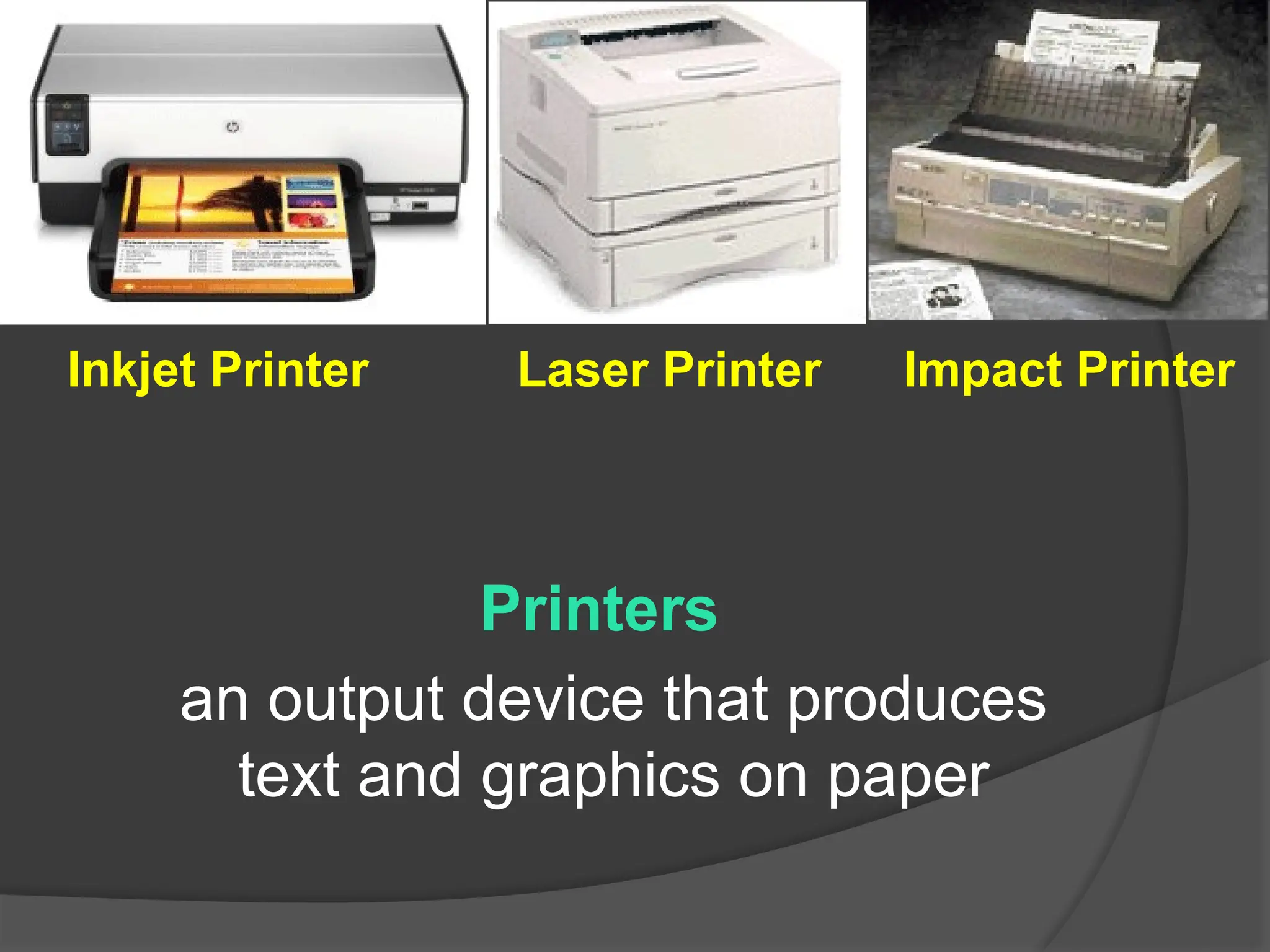 Printers
an output device that produces
text and graphics on paper
Inkjet Printer Laser Printer Impact Printer
 
