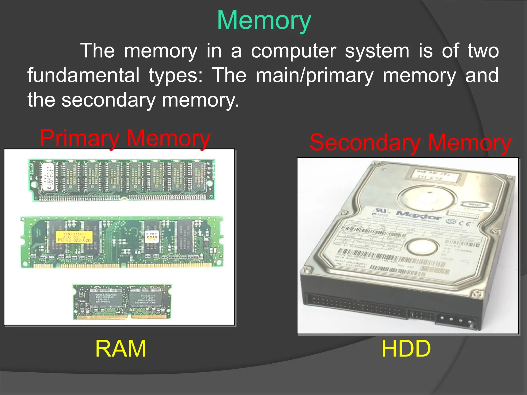 The memory in a computer system is of two
fundamental types: The main/primary memory and
the secondary memory.
Memory
Primary Memory Secondary Memory
RAM HDD
 